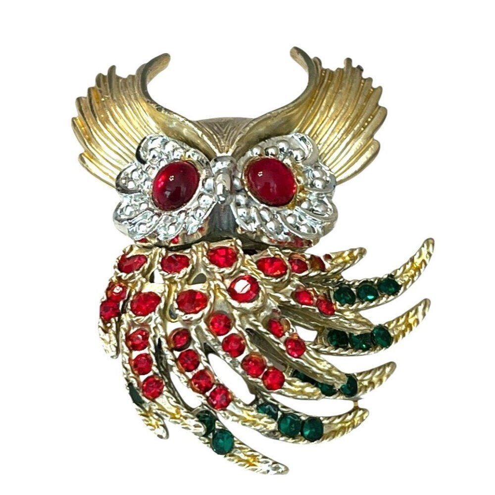 Vintage Great Horned Owl Pin Brooch Red Green Rhinestones Statement Jewelry